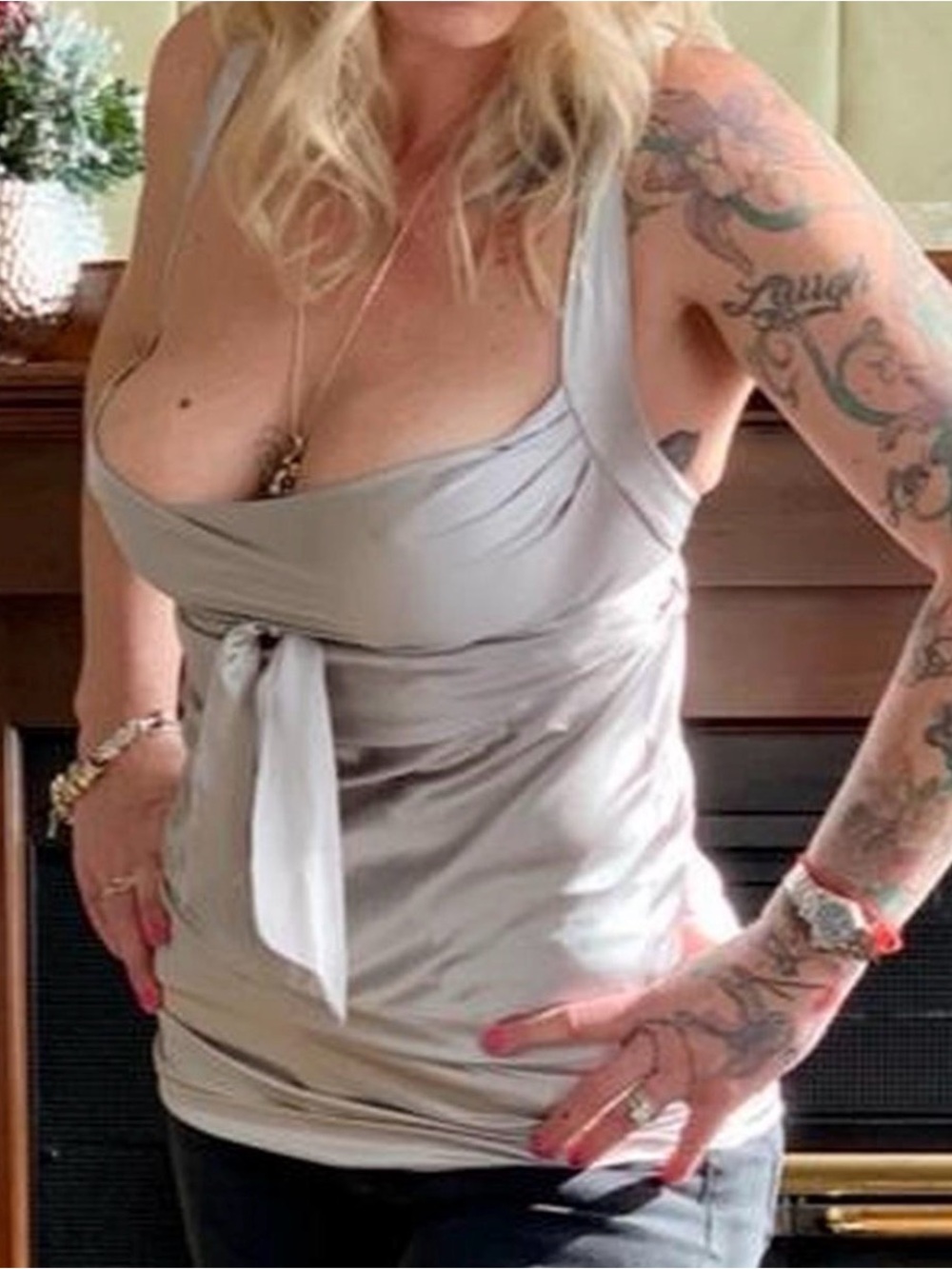 BEBE silver satin top S